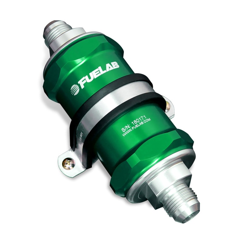Fuelab 818 In-Line Fuel Filter Standard -8AN In/-12AN Out 6 Micron Fiberglass – Green