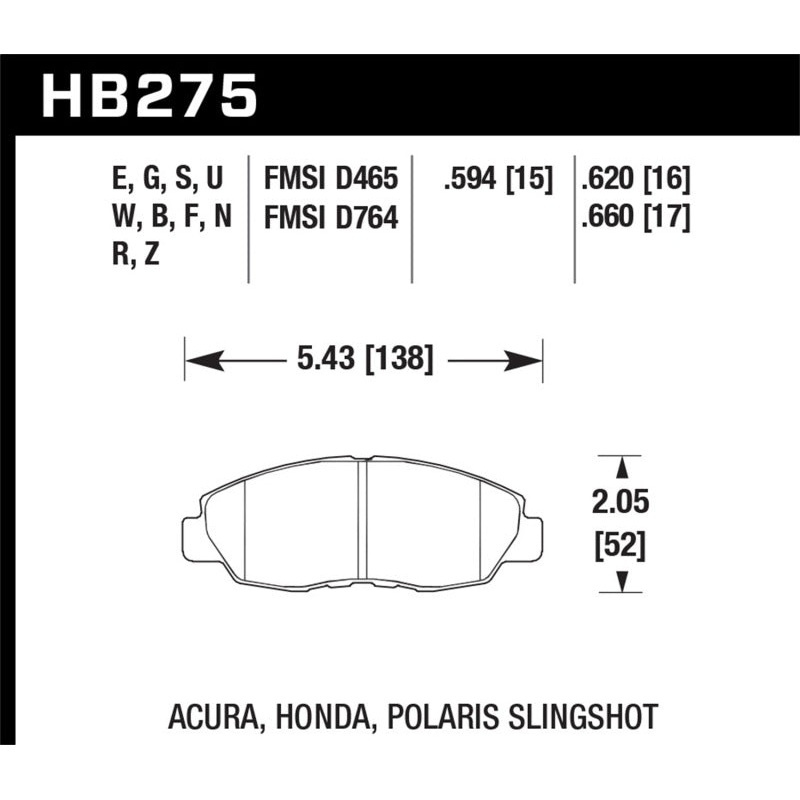 Hawk Honda 98-02 Accord / 06-11 Civic / Polaris Slingshot HT-10 Race Front Brake Pads (Two Pads/Box)