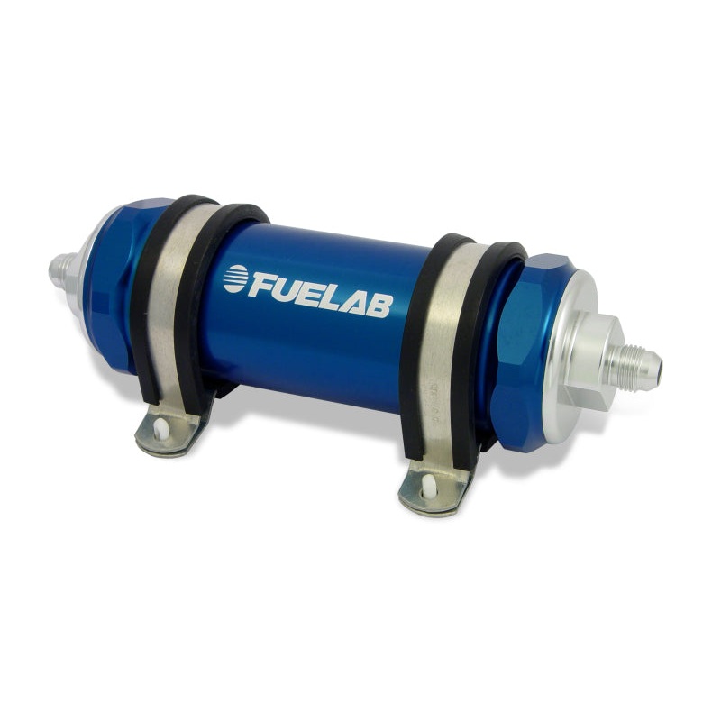 Fuelab 828 In-Line Fuel Filter Long -10AN In/-12AN Out 40 Micron Stainless – Blue