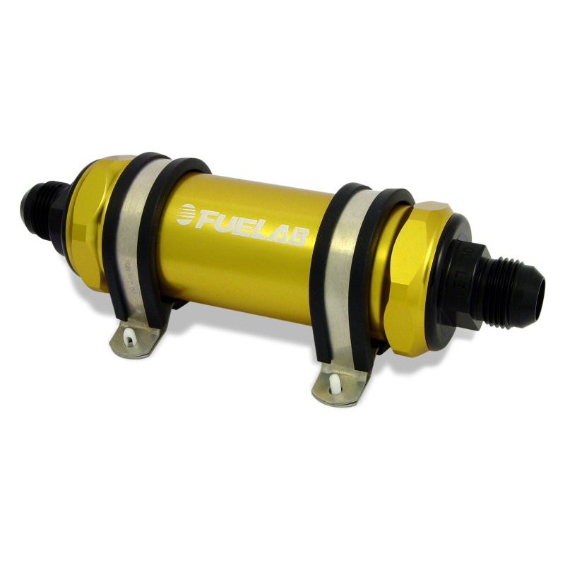 Fuelab 828 In-Line Fuel Filter Long -8AN In/-12AN Out 40 Micron Stainless – Gold