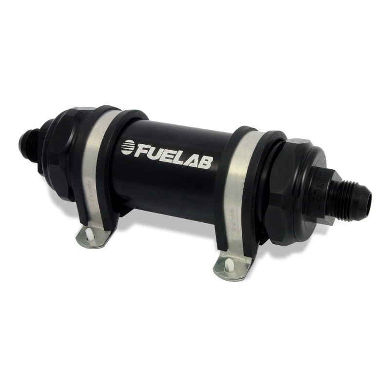Fuelab 828 In-Line Fuel Filter Long -8AN In/Out 100 Micron Stainless – Black
