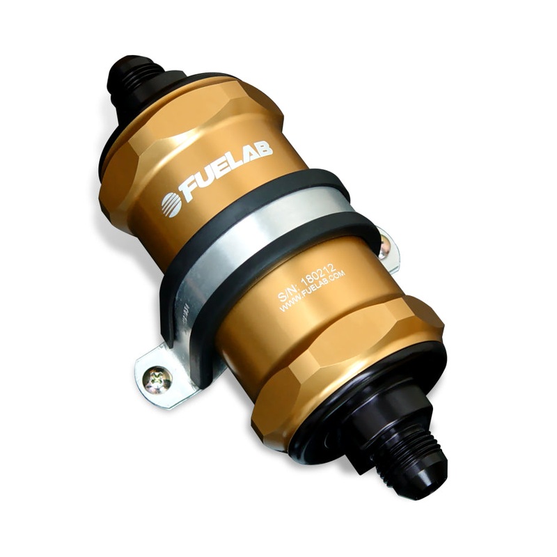 Fuelab 818 In-Line Fuel Filter Standard -10AN In/-6AN Out 6 Micron Fiberglass – Gold