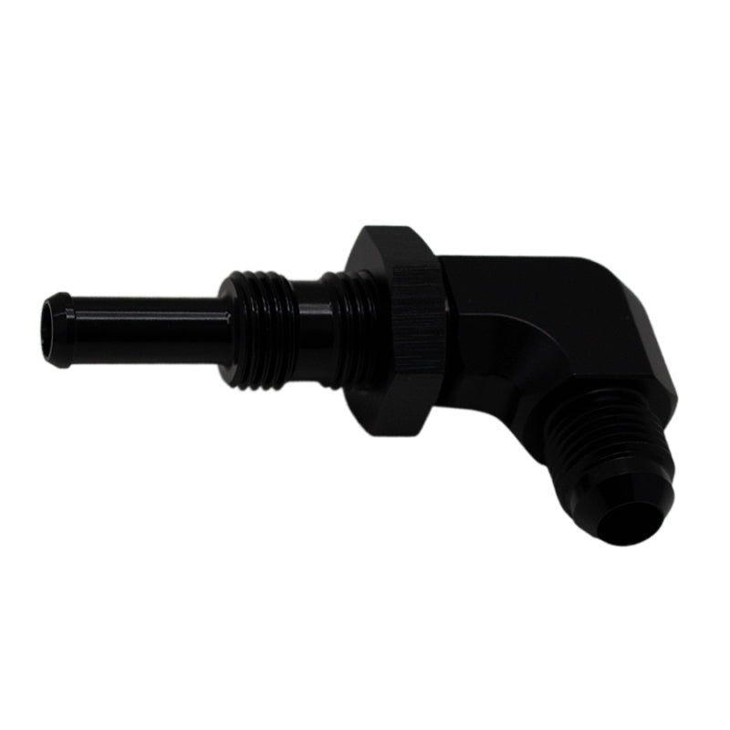 DeatschWerks 6AN Male Flare to 5/16in Male Barb Bulkhead Adapter 90-Degree – Anodized Matte Black