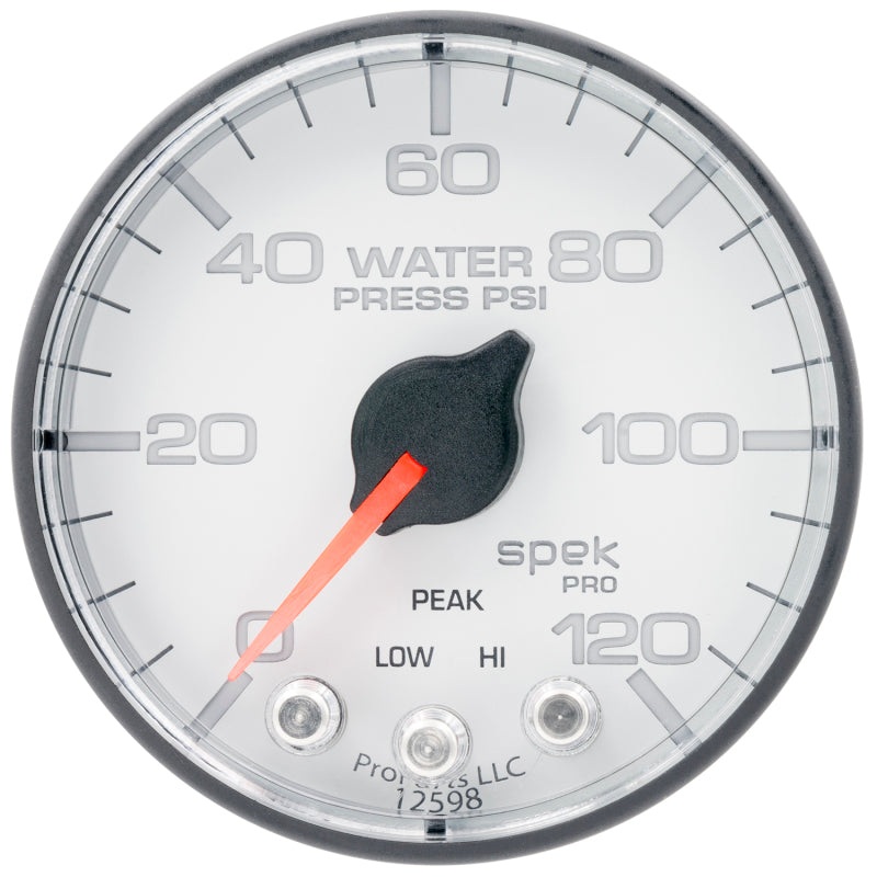 Autometer Spek-Pro 2 1/16in 120PSI Stepper Motor W/Peak & Warn White/Black Water Pressure Gauge Universal | P345128