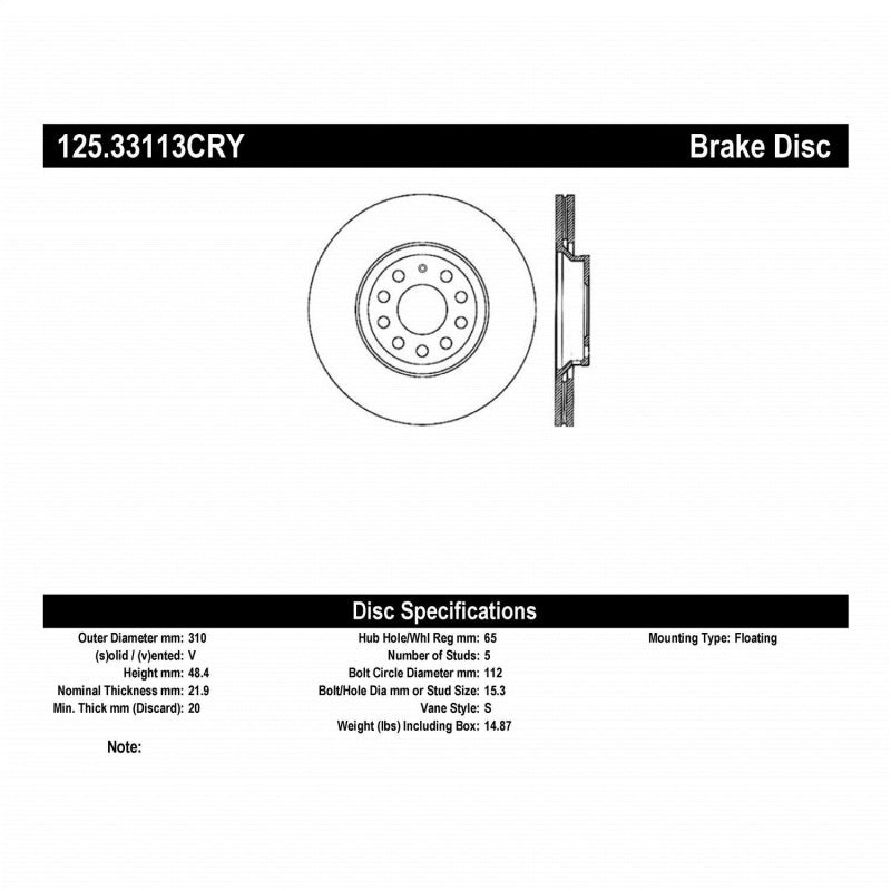 Stoptech VW 06-10 Passat / 14-15 Golf R / 08-15 Audi S3 Rear Premium Cryo Brake Rotor