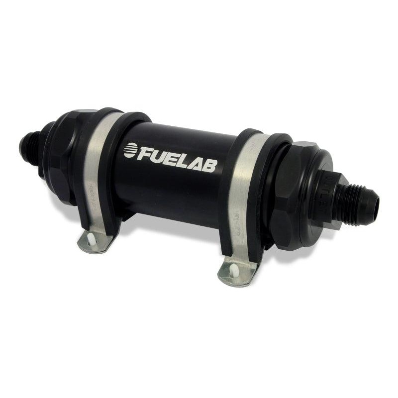 Fuelab 828 In-Line Fuel Filter Long -8AN In/Out 10 Micron Fabric – Black